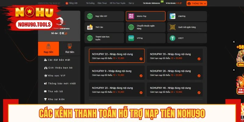 Các kênh thanh toán hỗ trợ nạp tiền NOHU90